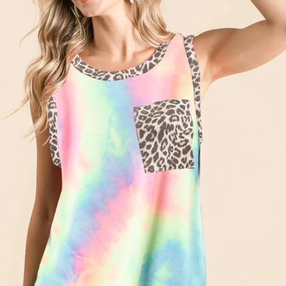 BiBi Sleeveless Tie Dye Top With Leopard Band - Picture 4 of 4